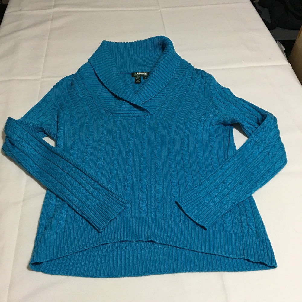 Lauren Ralph Lauren Shawl Neck Sweater Large Blue Silk Cashmere Blend Cable Knit